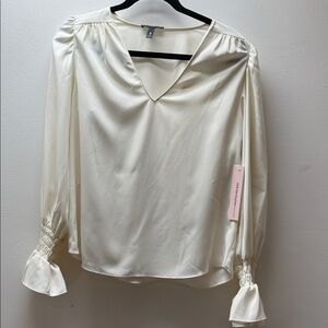 NWT AQUA Ivory Satin Blouse | Long Sleeve Smocked Cuff Top Size M